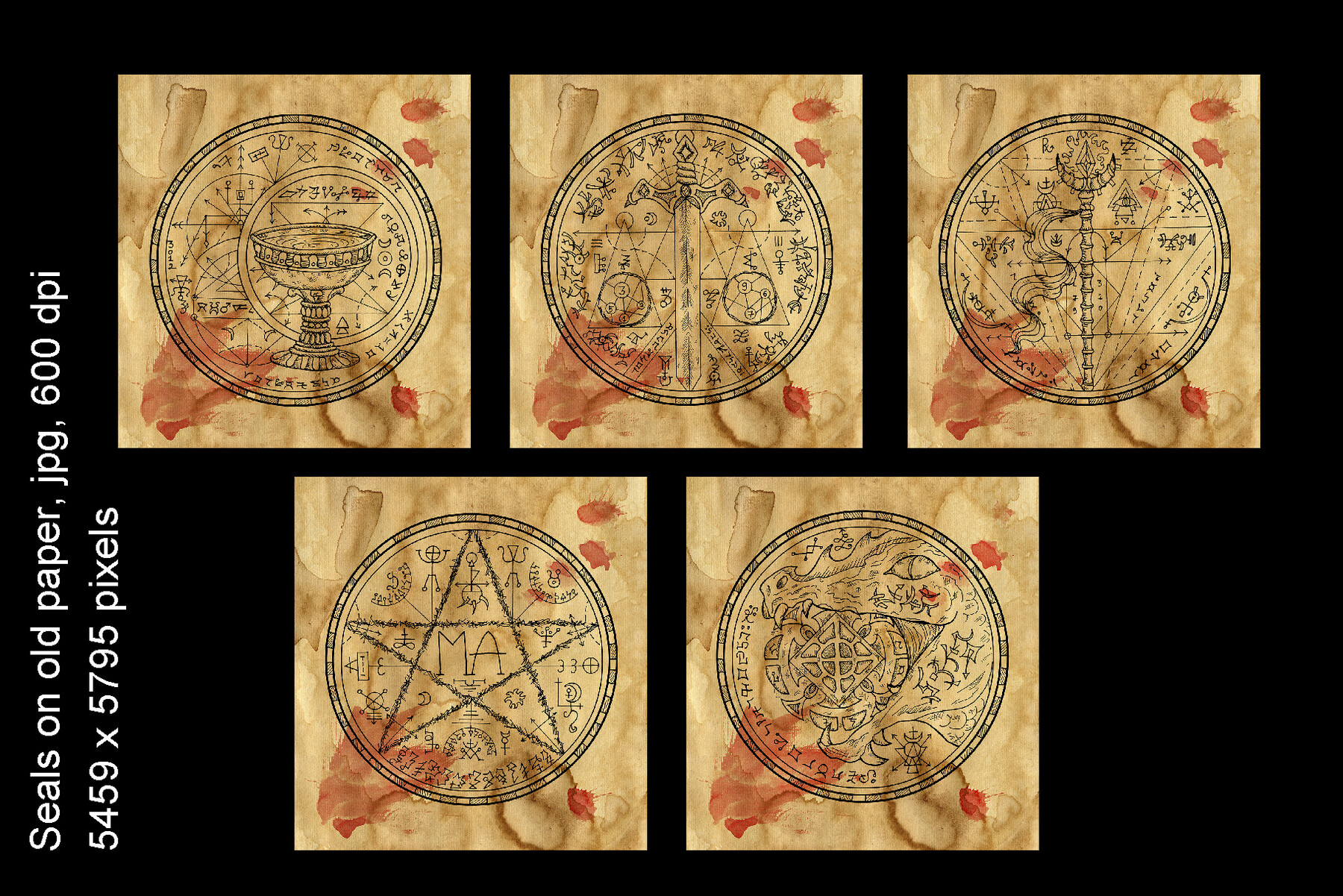 Seamless pattern with magic seal, fantasy symbols and pentagram on