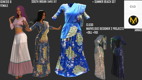 GENESIS 8 FEMALE: SOUTH INDIAN SAREE SET + SUMMER BEACH SET (Extended Commercial License): CLO3D, MARVELOUS DESIGNER PROJECT| +OBJ +FBX