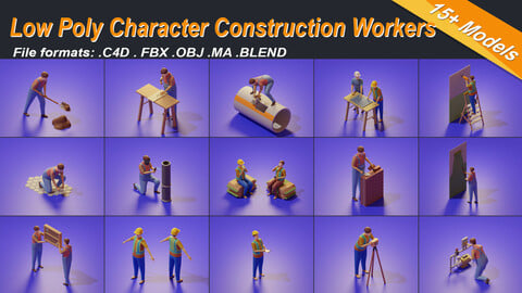 Low Poly 3D Stylized Character Construction Workers Isometric People Set