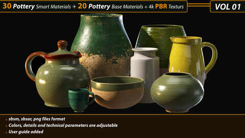 30 Pottery Smart material + 20 Pottery Base Material + 4k PBR Textures _Vol01