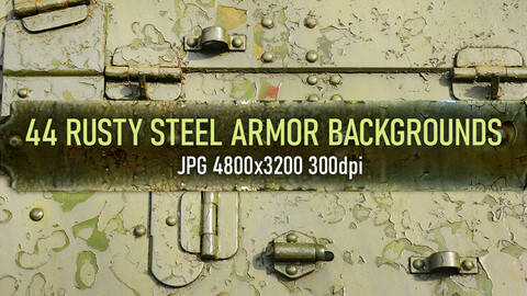 44 worn, rusty metal vehicle armor elements and surface photo texture backgrounds.