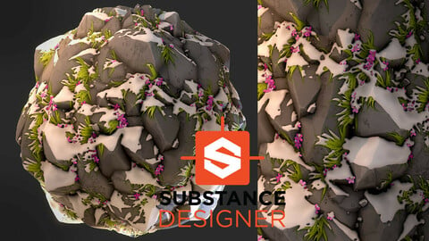 Stylized Snowy Rock Cliff with Flowers - Substance Designer