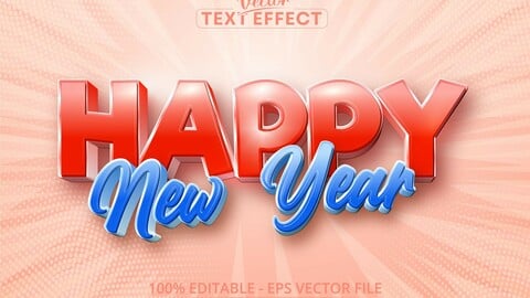 Happy new year text, cartoon style editable text effect