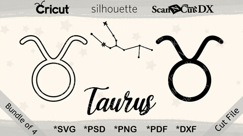 Taurus Zodiac Icons and Constellation Cut File Bundle svg, png, pdf, dxf, pdf, Astrology Clipart, Cricut, Silhouette, Outline, Decal File