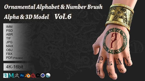 144 Ornamental Alphabet & Number Brush + Alpha + 3D model Vol 6