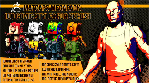 Matcaps Megapack: 100 Comic Styles For ZBrush