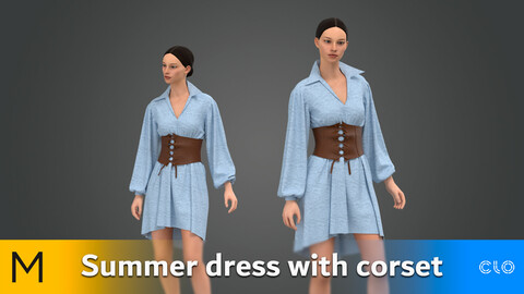 Summer dress with corset Marvelous Designer, CLO3D, Obj