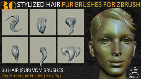 30 Stylized Hair (Fur) VDM Brushes for Zbrush+Alpha V-01