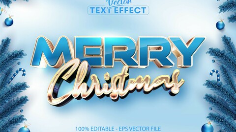 Merry christmas text, shiny rose gold style editable text effect on cold blue background