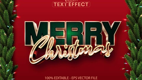 Merry christmas text, shiny rose gold style editable text effect on red background