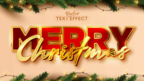 Merry christmas text, shiny gold color style editable text effect