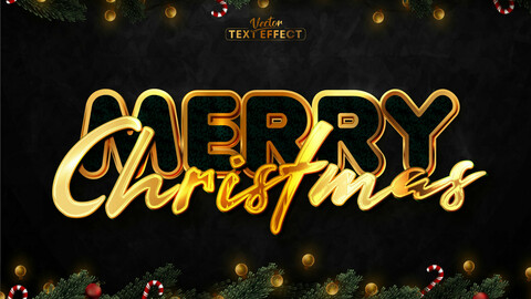 Merry christmas text, shiny gold color style editable text effect