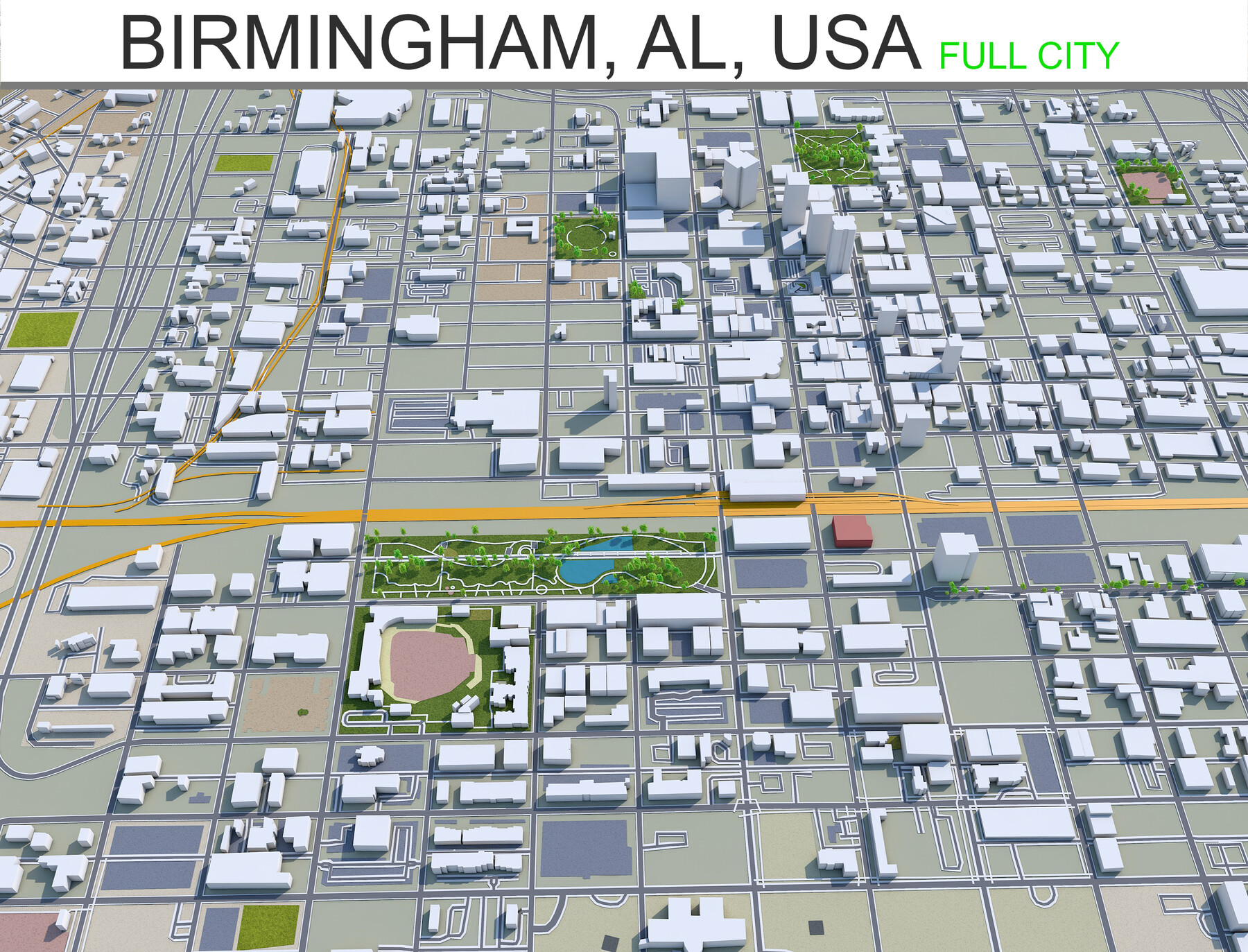 City Of Birmingham Gis Artstation - Birmingham City Alabama Usa 3D Model 120Km | Game Assets