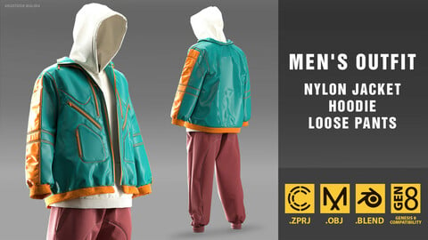 Mens clothing with nylon jacket. MD/CLO3D PROJECT FILE + OBJ + BLEND