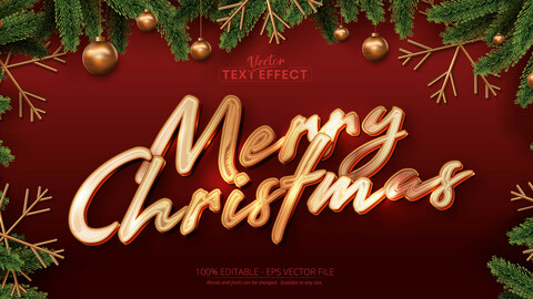 Merry christmas text, shiny gold color style editable text effect