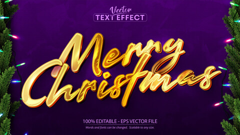 Merry christmas text, shiny gold color style editable text effect