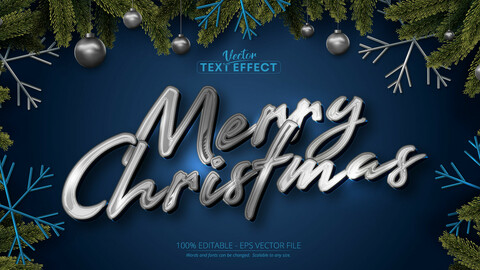 Merry christmas text, shiny silver color style editable text effect