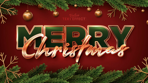 Merry christmas text, shiny gold color style editable text effect