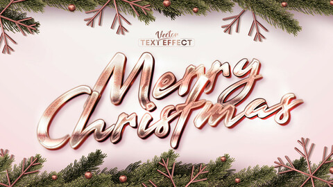 Merry christmas text, rose shiny gold color style editable text effect