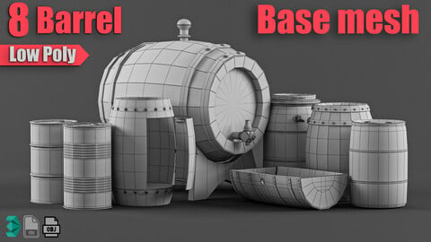 8 Low Poly barrel base mesh - Game ready