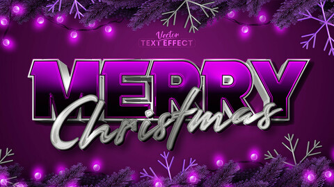 Merry christmas text, shiny silver color style editable text effect