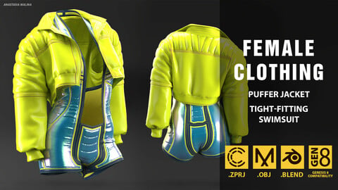 Puffer jacket and swimsuit. MD/CLO3D project file + OBJ + BLEND