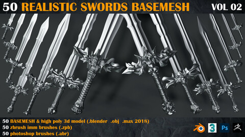 50 Realistic Swords BASEMESH + zbrush brushes + photoshop brushes  _ VOL 02