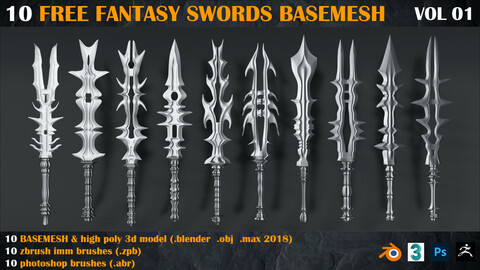 10 Free Fantasy Swords BASEMESH + zbrush brushes + photoshop brushes  _ VOL 01