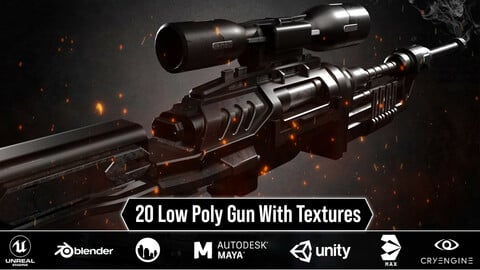20 Low Poly Guns For Game + Textures (UDIM)