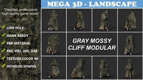 Low poly Gray Mossy Cliff Modular 211126