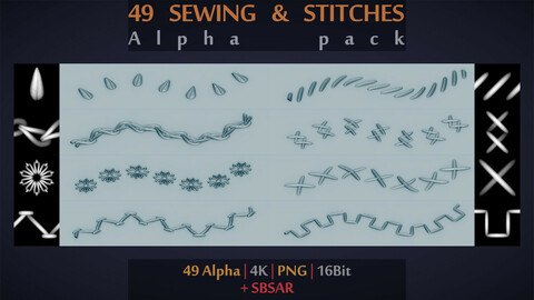49 Sewing & Stitches Alpha | Brush | 4k | PNG | 16bit | SBSAR
