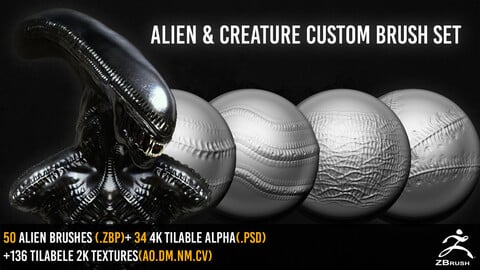 50 ZBrush Alien And Creature Custom Brush Set + 136 Textures 2K +  4K Alpha - VOL 2