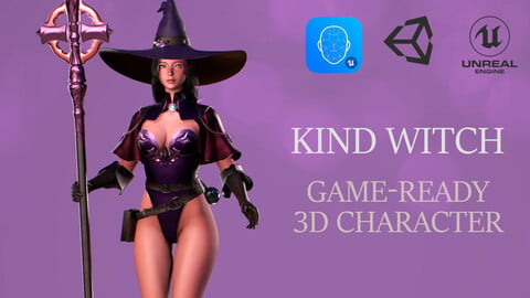 Kind Halloween Witch - Cute Wizard Sorcerer Mage Cartoon Girl Stylized Character Game-Ready Low-poly 3D model