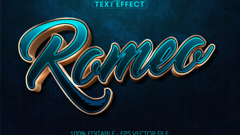 Romeo text, shiny turquoise and golden color editable text effect