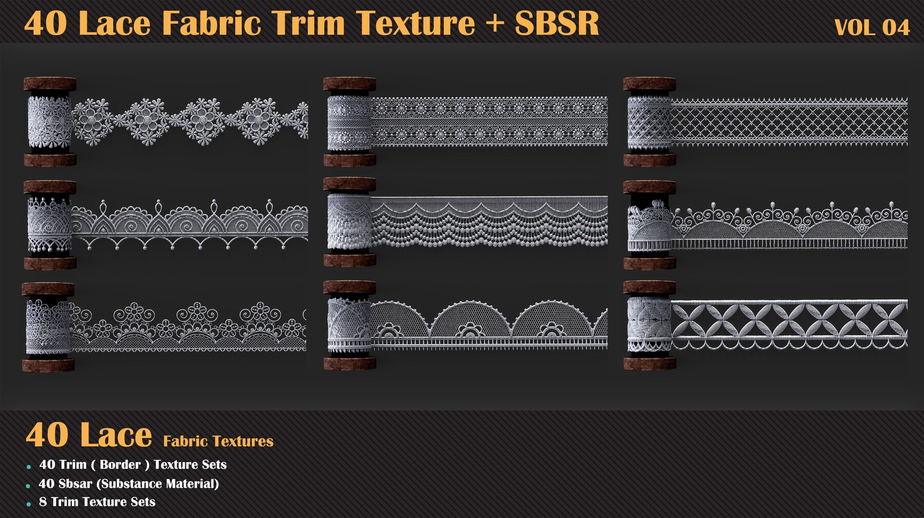 ArtStation - 40 Lace Fabric Trim Texture + SBSR - VOL 04