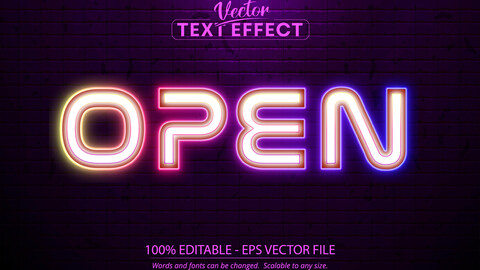 Neon glowing text effect, open text style isolated on brick wall background