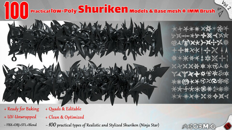 100 Practical low-Poly Shuriken Models & Base mesh (Game Ready) + IMM Brush - Vol 2
