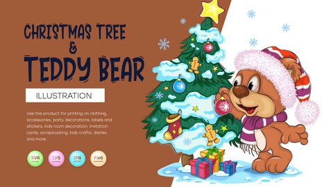 Cartoon Teddy Bear and Christmas tree.