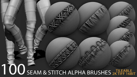 100 seam and stitch alpha brush bundle vol.5 (ALL Tileable 2K tiff 16bit)