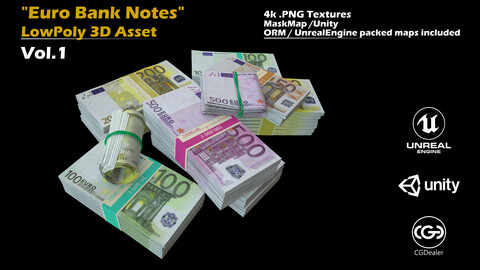 Euro Bank Notes - Cash, Money, Currency - Low Poly - 3D Asset