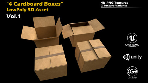 4 Cardboard Boxes - Low Poly, 3D Asset