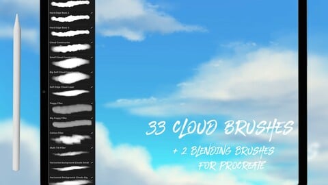 33 Amazing Cloud Brushes + 2 Blending Brushes for Procreate