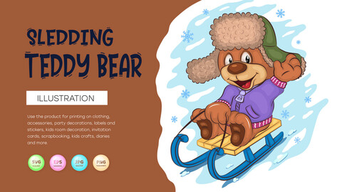 Cartoon Teddy Bear Sledding. T-Shirt, PNG, SVG.