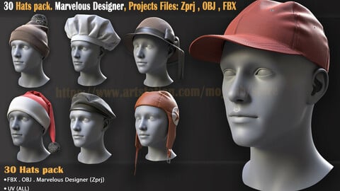 30 Hats pack. Marvelous Designer, Projects Files: Zprj , OBJ , FBX