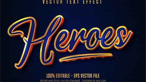 Heroes text, blue color and shiny gold style editable text effect