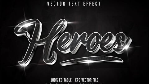 Heroes text, shiny silver style editable text effect