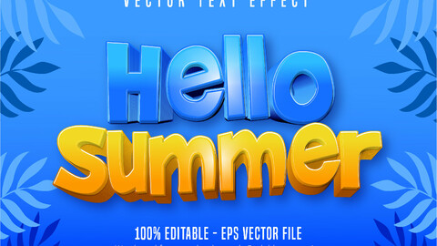 Hello summer text, cartoon style editable text effect