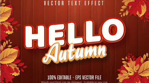 Hello autumn text, autumn style editable text effect on wooden background