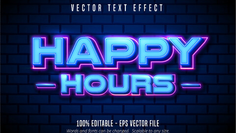 Happy hours text, neon style editable text effect