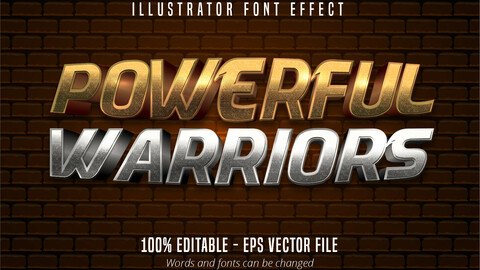 Powerful warriors text, 3d gold and silver metallic style editable font effect